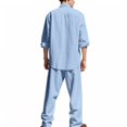 thumbnail image 4 of Men's Four Seasons 2-Piece Linen Suit, Loose Comfortable Breathable Long Sleeve Shirt and Pants, Casual Lounge Set For Spring Fall Travel,Light Blue,M, 4 of 7