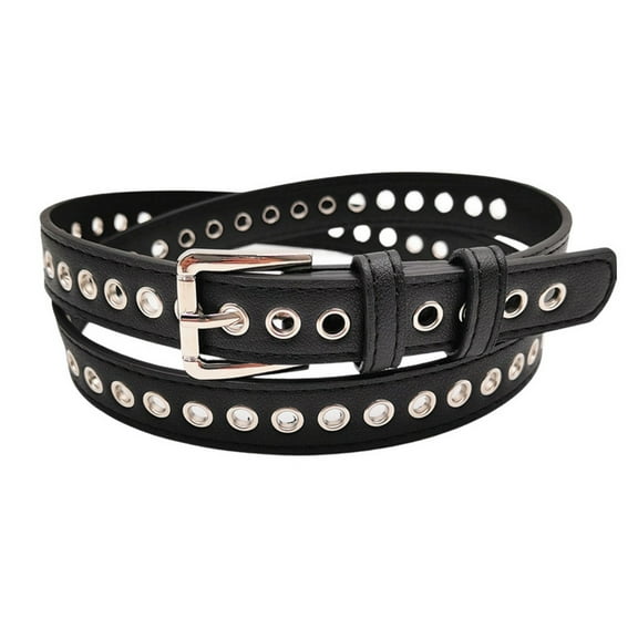 SWSMCLT Women's Faux Leather Grommet Belts Classic Casual Buckle Groove Belt Fashion Belt Metal Summer Black X-Small-Large
