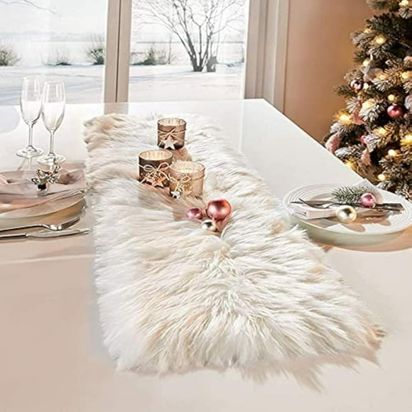 Table Runner, Thanksgiving Modern Small White Fur Table Runners for Party Birthday Christmas Friendsgiving Wedding Dinning Table, Decorative Rug Luxury Faux Fur Runner for Table(11.8x47.2inch)