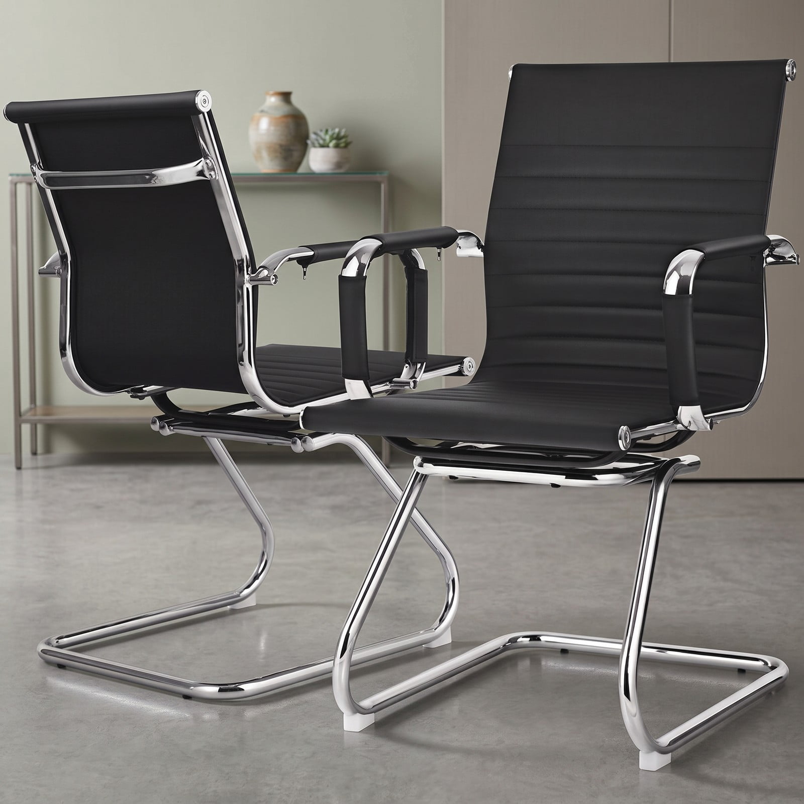 Furnibear Set of 2 Heavy Duty Conference Chair with PU Leather, Ergonomic Guest Reception Chair with Sled Base and Armrests for Office Home Waiting Room, Black