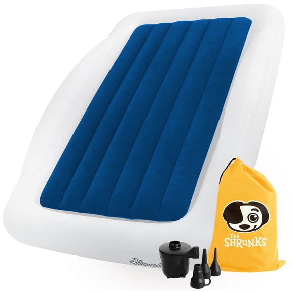 The Shrunks Toddler Travel Bed Portable Inflatable Air Mattress Blow Up Bed for Indoor/Outdoor Camping, Backyard, Hotel, or Home Use Kids/Toddler Floor Bed with Side Bed Rails and Electric Pump Blue