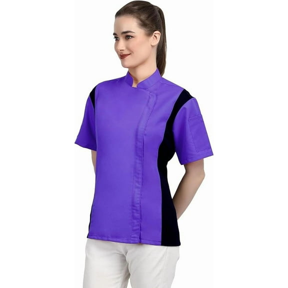 Short Sleeves Purple Color Zipper Chef Coat Jacket Uniform for women with Side Mesh ideal for Caterers and Culinary professional XS Size