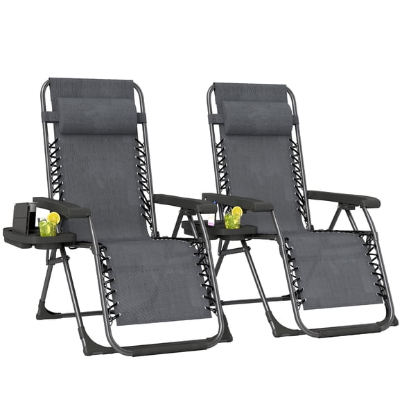 Outsunny Zero Gravity Chair Set of 2 with Cup Holder, Headrest, Dark Grey