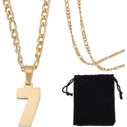 1 Box 1Pc Number Necklace 304 Stainless Steel Chain Sports Necklaces with Velvet Pouches for Women Men (Number 7)