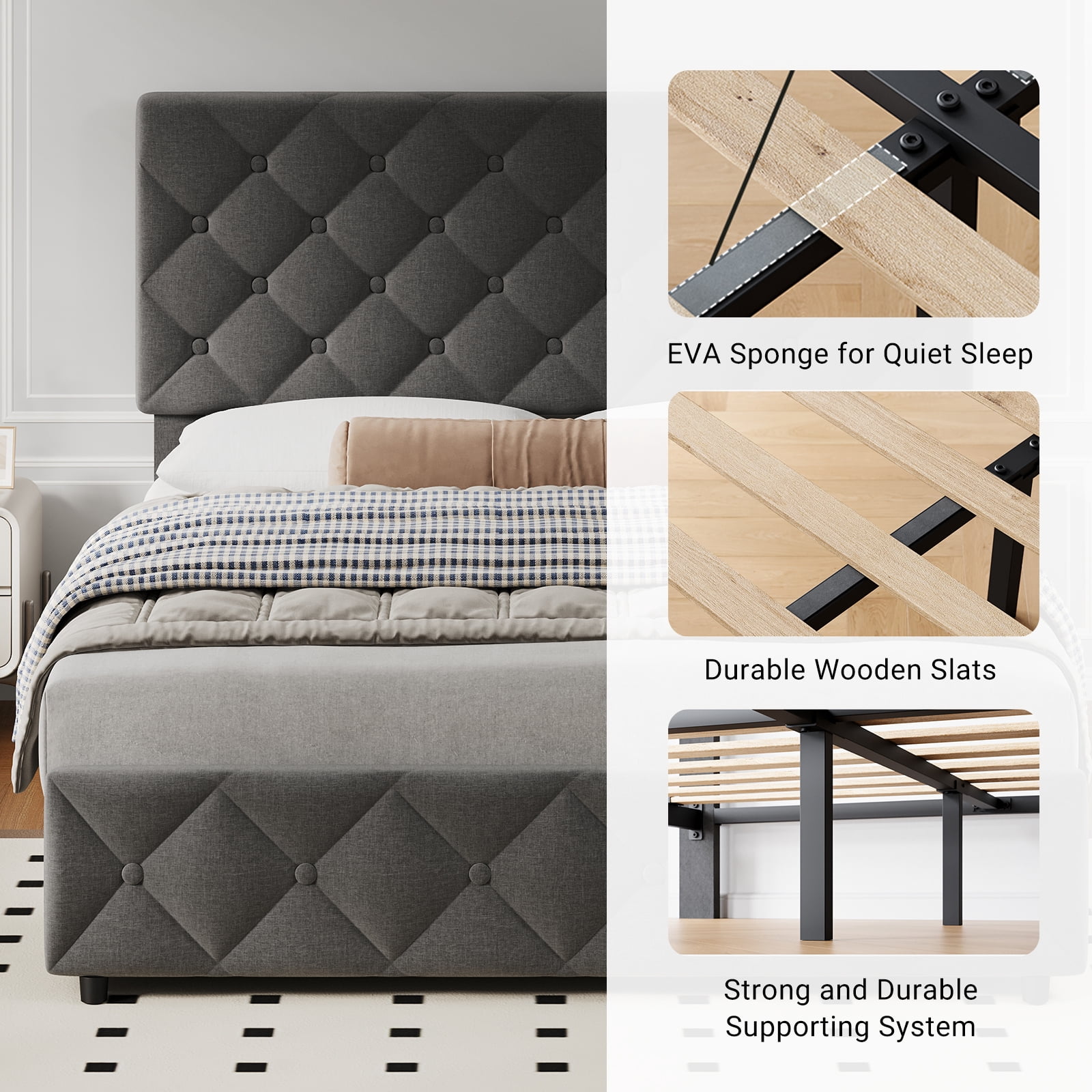 Shininglove Full Size Bed Frame with Storage - Linen Upholstered Platform Bed, 4 Spacious Drawers, Diamond Tufted Headboard, No Box Spring Needed(Grey)