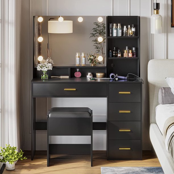 Makeup Vanity Set with Mirror and Lights, Makeup Dressing Table Vanity Desk with Charging Station&Cushioned Drawers for Bedroom, Black - Walmart.com