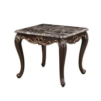 Cona 28 Inch Side End Table, Carved Gold Accents, Cherry Brown, Gray White