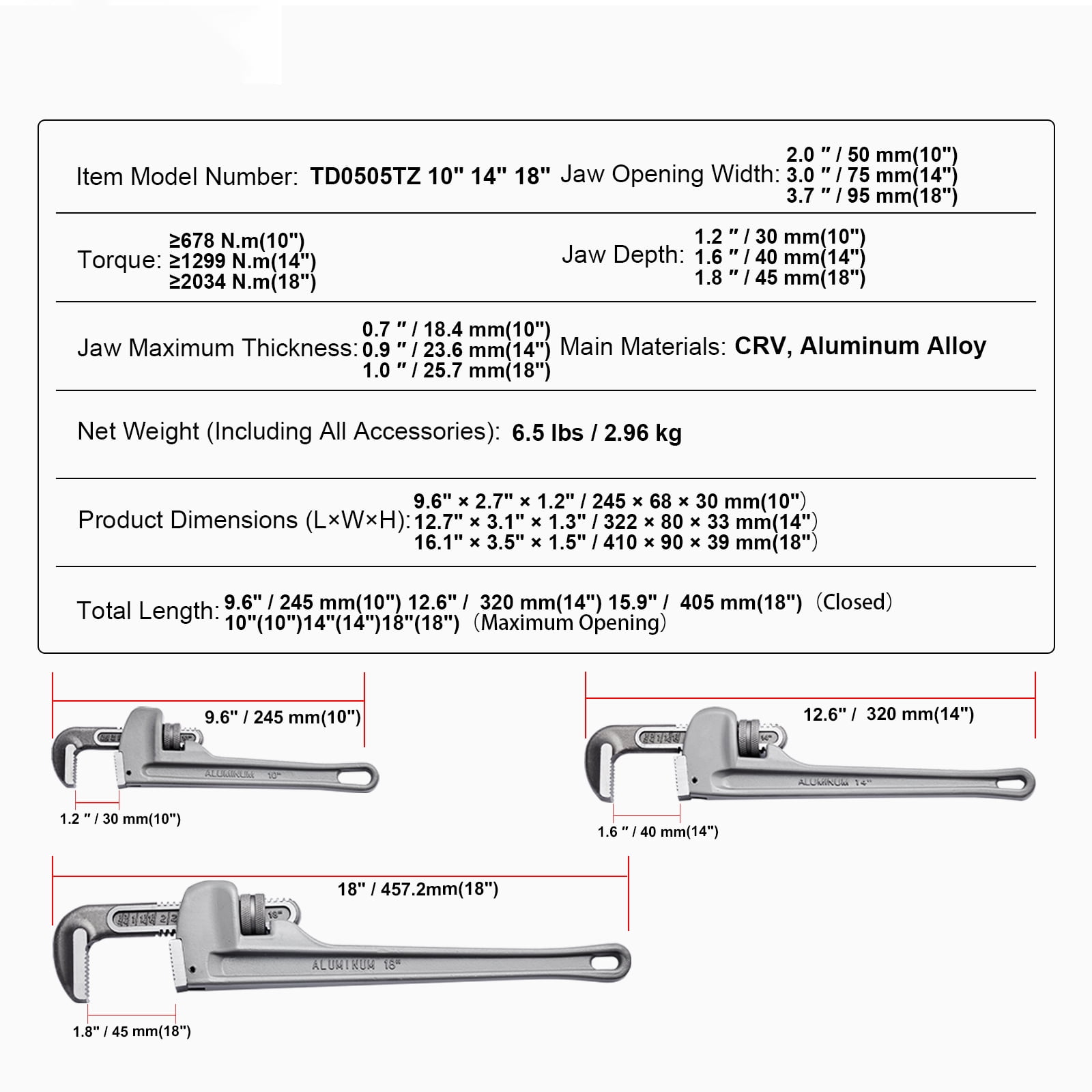 KFFKFF 3-Piece Pipe Wrench Set, Aluminum 10", 14", 18" Straight Pipe Wrench, Customizable Plumbing Tool, Featuring Strong Jaw and Comfortable Grip, for Hanging, Water Pipe and Vehicle Maintenance