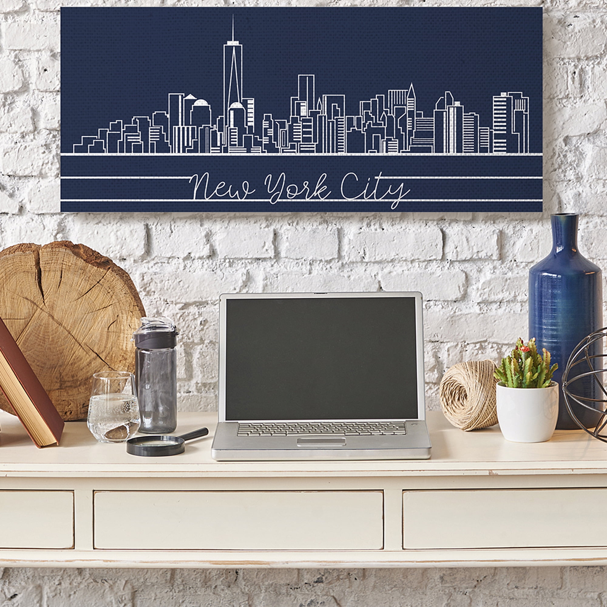 Stupell Industries New York City Skyline Deep Blue White Outline Canvas Wall Art, 17 x 40, Design by Daphne Polselli