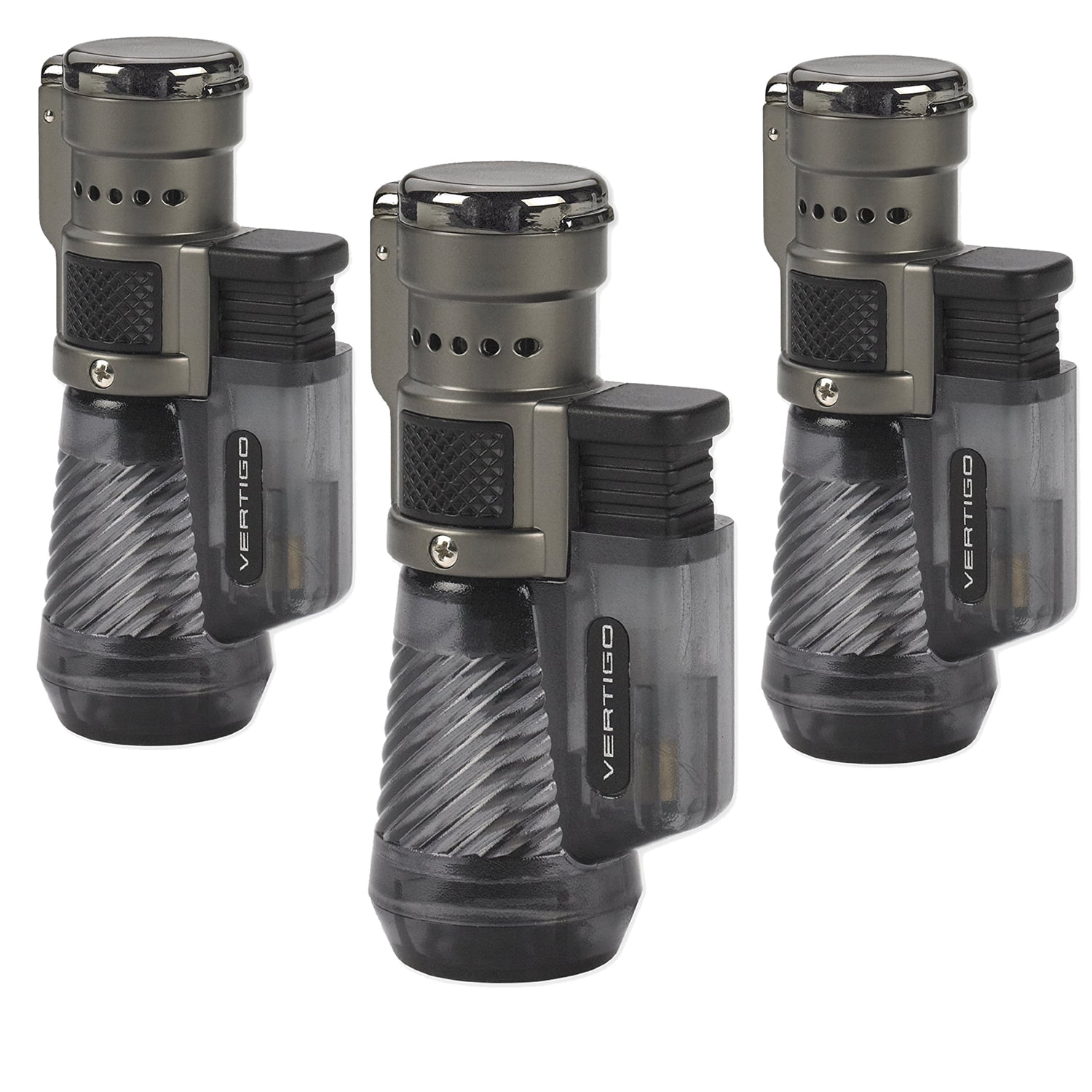 Vertigo Cyclone Triple Torch Cigar Lighter Charcoal 3 Pack Plus 1 Free Lotus 90ml Butane Can