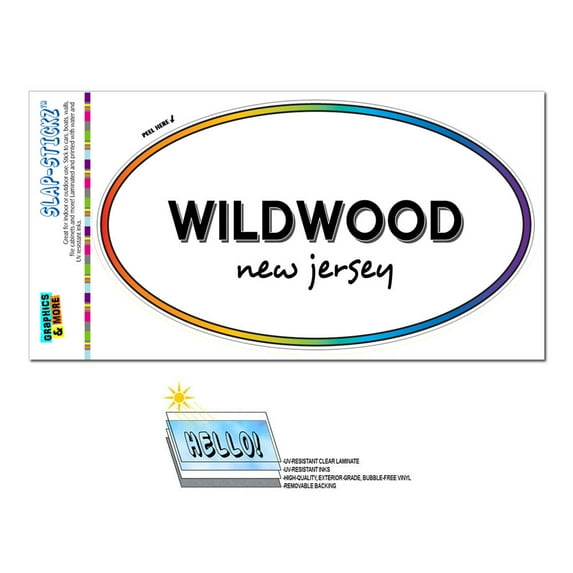 Wildwood, NJ - New Jersey - Rainbow - City State - Oval Laminated Sticker