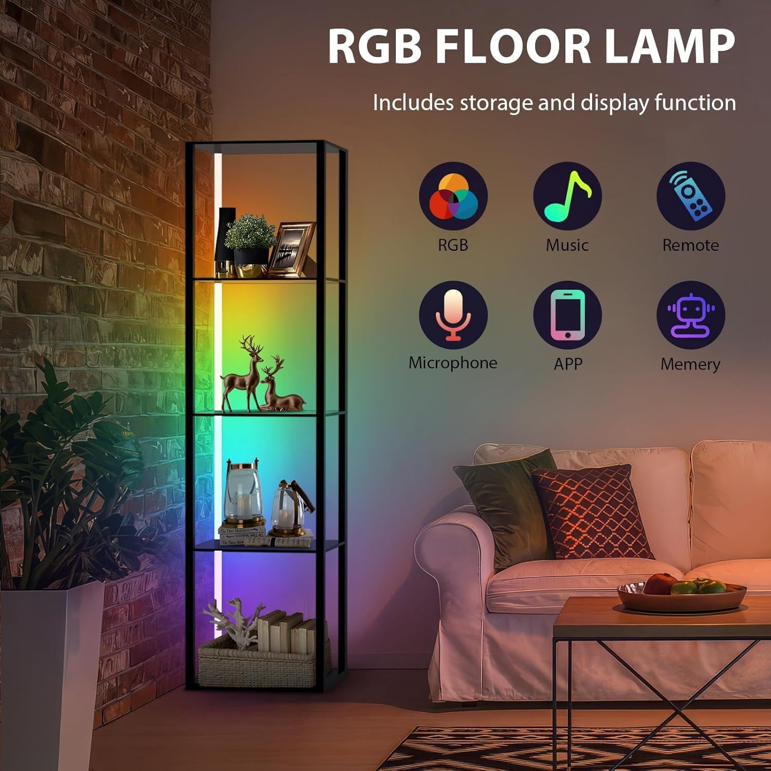 5 Tiers RGB Corner Shelf with LED Light, 63.78" Tall Display Shelf for Collectibles, LED Corner Floor Lamp with APP and Remote Control for Living Room Bedroom