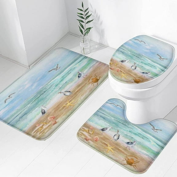 Summer Beach Sea Gull Bath Rug Sets 3 Piece Marine Animals Starfish Crab Conch Shell Blue Ocean Bath Mat Soft Non Slip Water Absorbent U-Shaped Contour Toilet Mat, Toilet Lid Cover