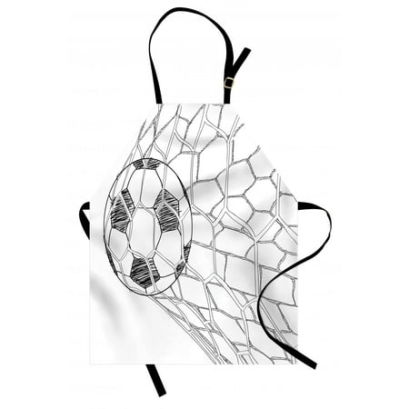 Soccer Apron Soccer Ball in Net Goaly Position Sports Competition Spectators Hand Drawn Style, Unisex Kitchen Bib Apron with Adjustable Neck for Cooking Baking Gardening, Black White, by