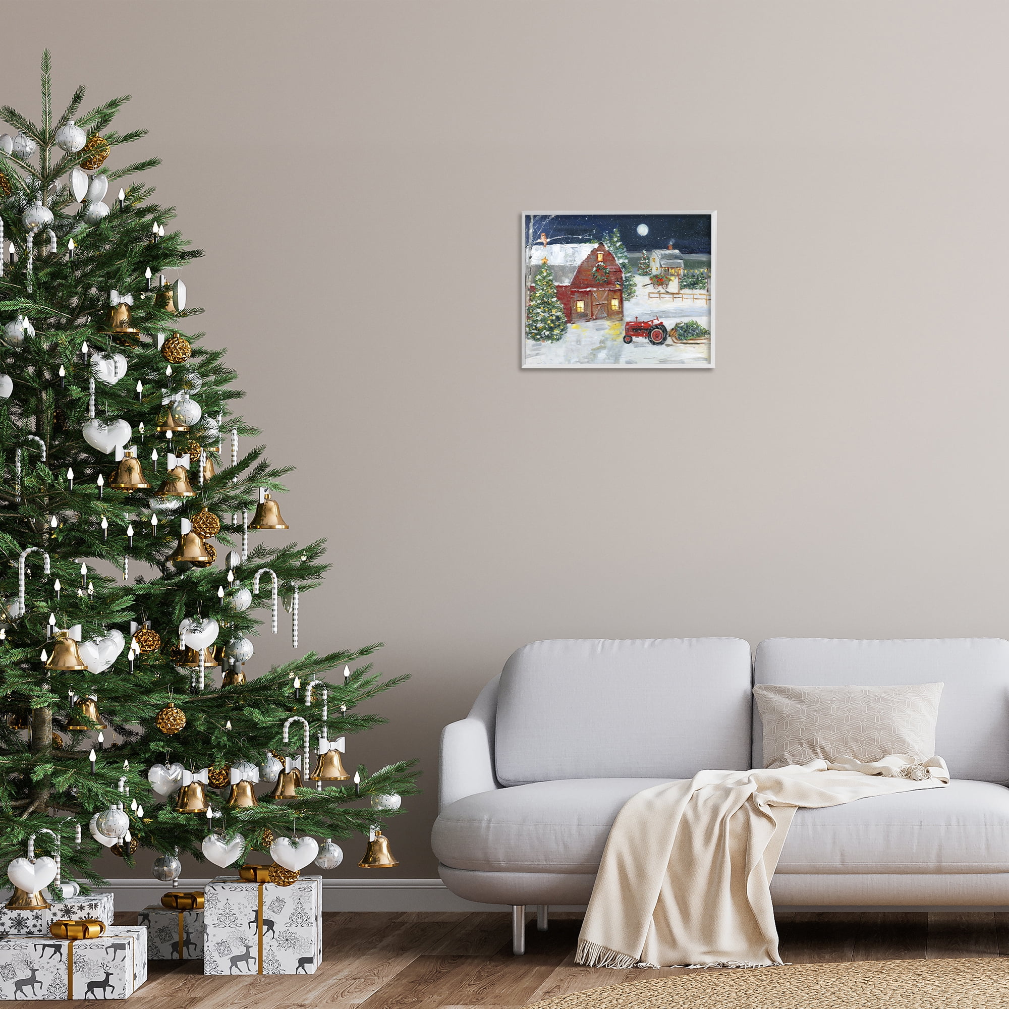 Stupell Industries Snowy Farm & Tractor Holiday Painting White Framed Art Prints Wall Art, 20 x 16