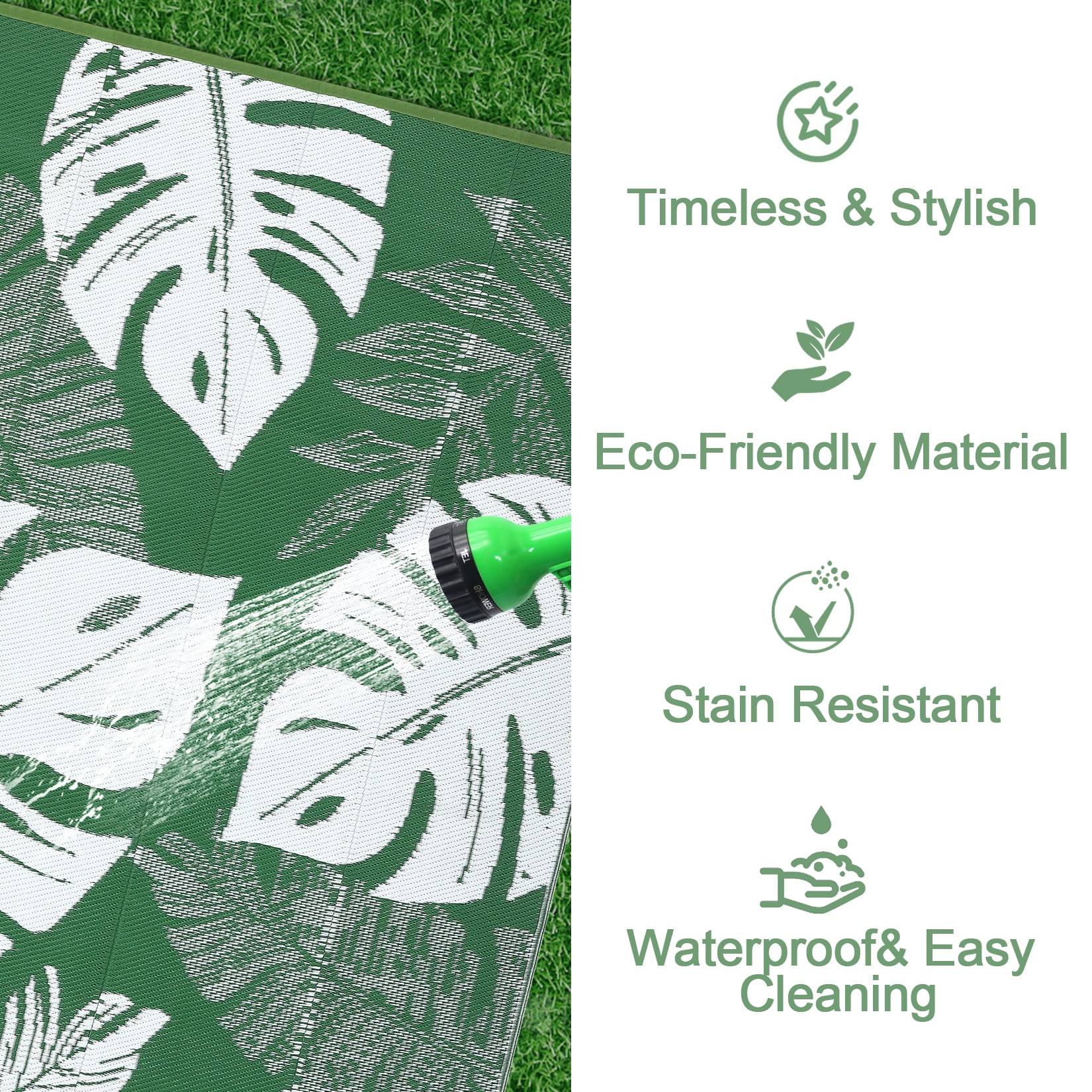 Haperlare 8'x10' Waterproof Outdoor Plastic Straw Rug, Modern Tropical Leaf Woven Carpet Reversible Patio Rug RV Camping Mat, Portable Outside Carpet for Deck Porch Yard Garden Balcony, Green White