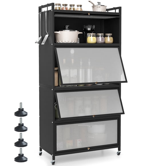 Costway 5-Tier Kitchen Storage Cabinet 64” Tall Freestanding Metal Pantry with 4 Flip-up Doors Rolling Microwave Stand Display Rack with Replaceable Foot Pads for Dining Room