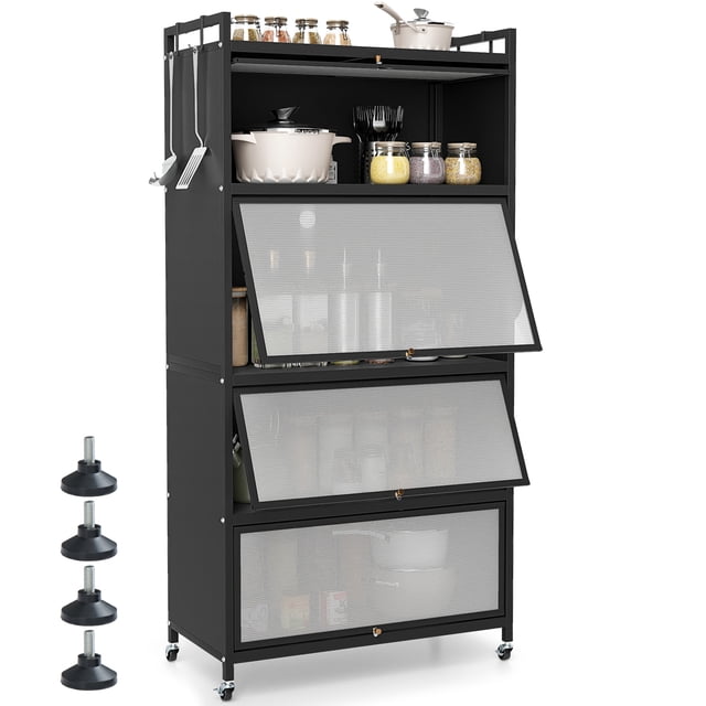 Costway 5-Tier Kitchen Storage Cabinet 64” Tall Freestanding Metal Pantry with 4 Flip-up Doors Rolling Microwave Stand Display Rack with Replaceable Foot Pads for Dining Room