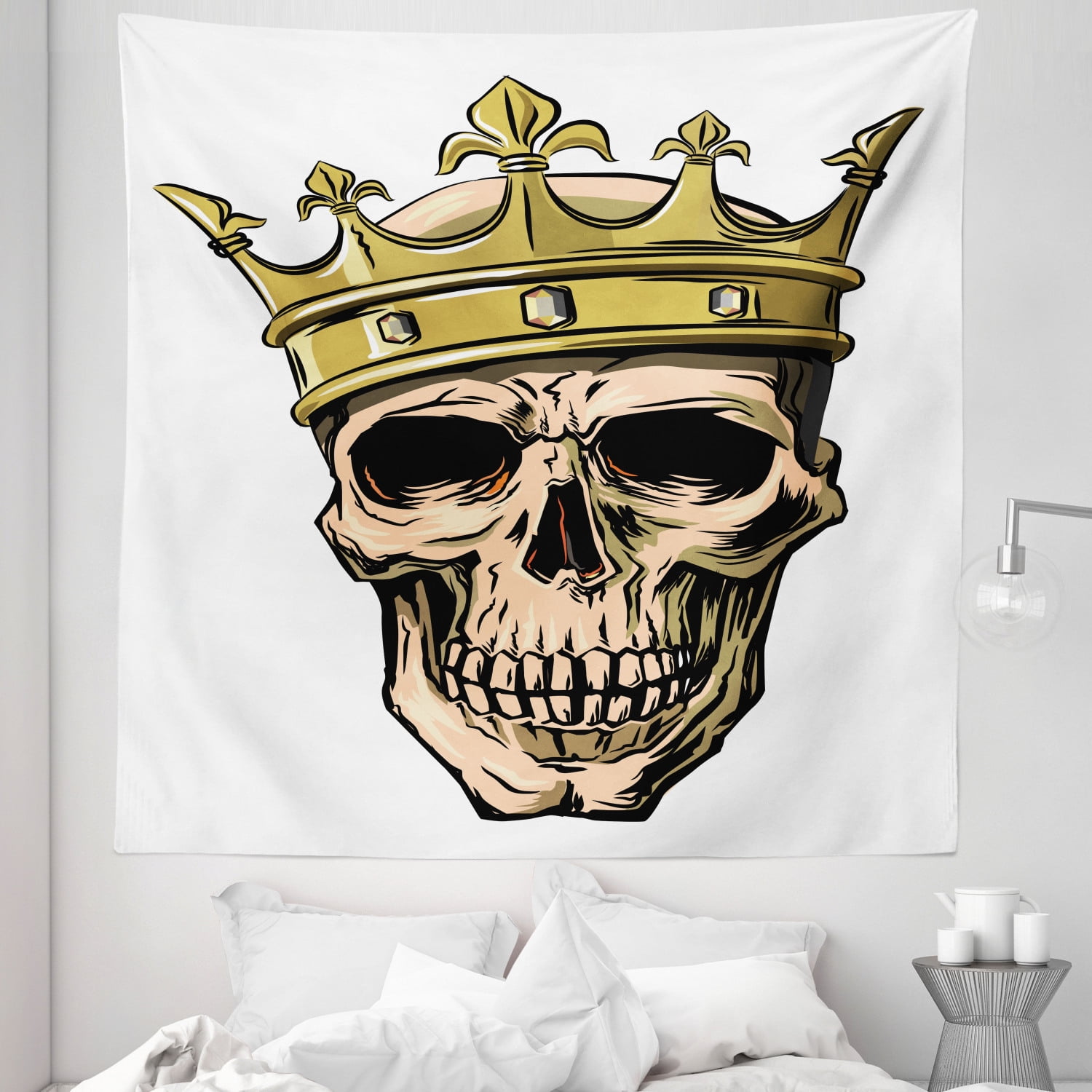 King Tapestry, Dead Skull Skeleton Head with Royal Crown Tiara in Hand