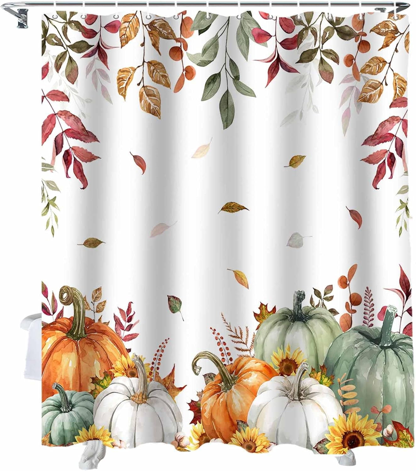 Fall Shower Curtain Sage Green Pumpkin Shower Curtains for Bathroom Sunflower Floral Eucalyptus Leaves Bath Curtains Sets with Hooks for Autumn Thanksgiving Seasonal Decor Extra Long 72" X 84"