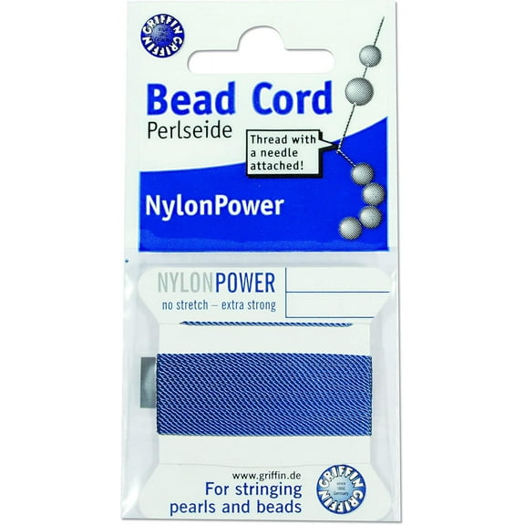 Griffin Nylon Bead Cord Perlseide - Blue Color – Size 3 (0.50mm) – 2 meters per card – Stainless Steel Needle Attached – For Knotting Pearls, Gemstones, Crystals and Beads