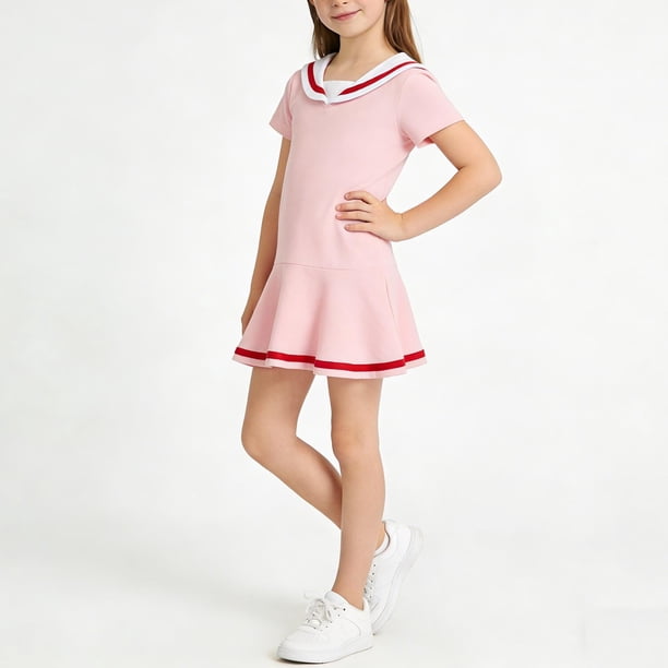 Vestido de manga corta con cuello vuelto para niña, vestido de solapa de manga corta para niña, vestido informal con volantes para niña, vestido de solapa de manga corta, vestido de poliéster para niñ