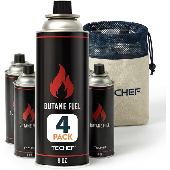 TECHEF 8oz Butane Fuel Canisters Cylinders for Portable Gas Stove Camping Stoves, Gas Burners, UL Listed - DUAL Safety System (4 Pack)