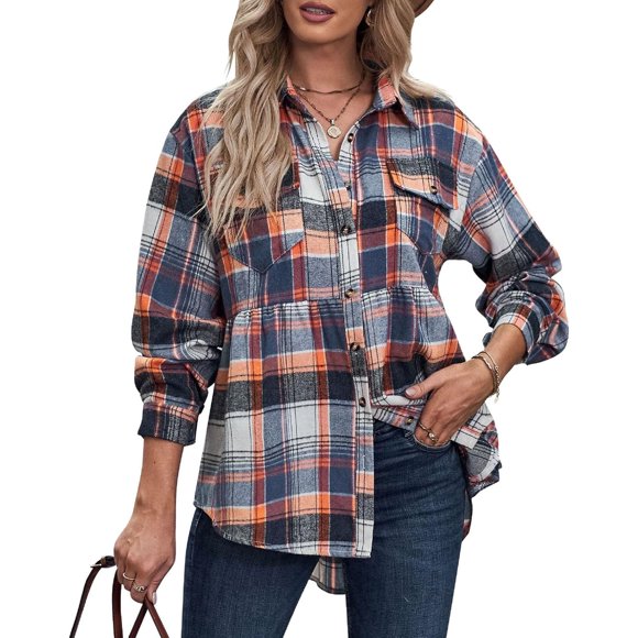 ZOUSSIQI Womens Plaid Printed Shirt Comfortable Long Sleeve Loose Hem Polyester Fiber Shirt for Women (XXL) CA919-23829
