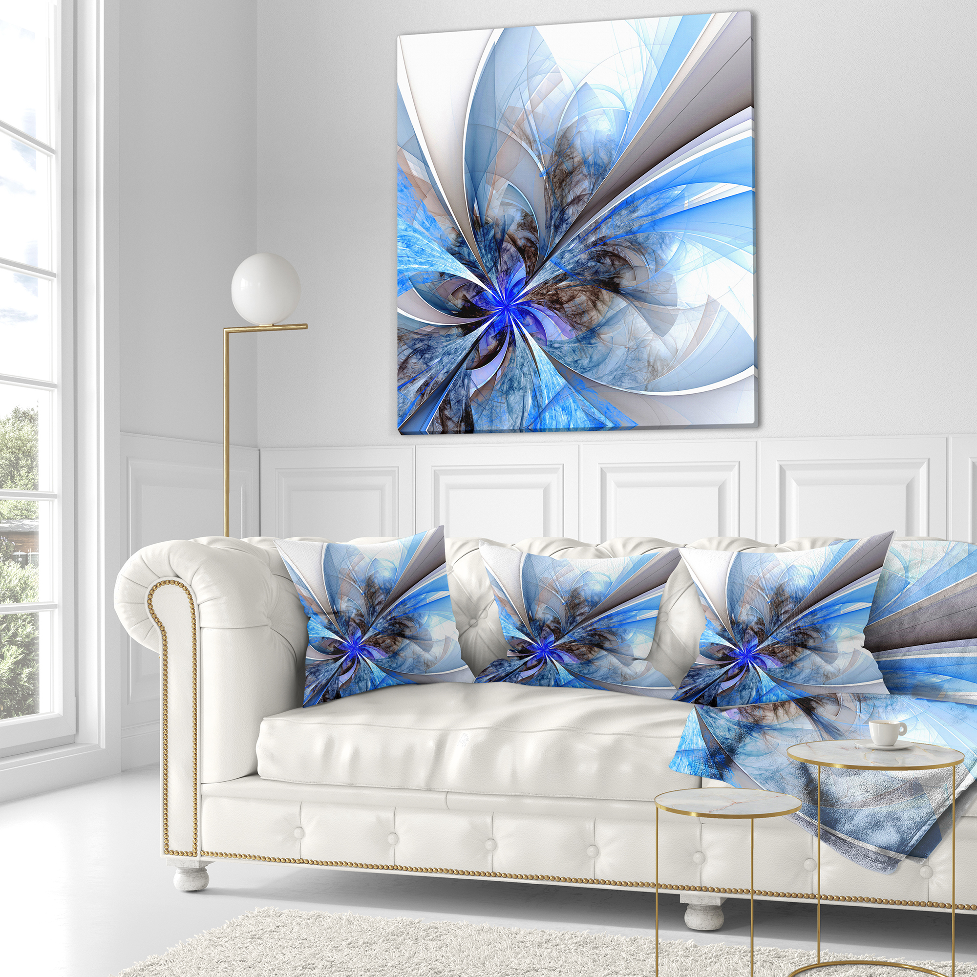 Designart Symmetrical Large Blue Fractal Flower - Floral Throw Pillow - 18x18