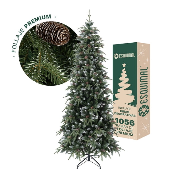 Árbol Navidad Tipo Lápiz 2.2m Esquimal - Pino Navideño Delgado Verde Nevado con Piñas