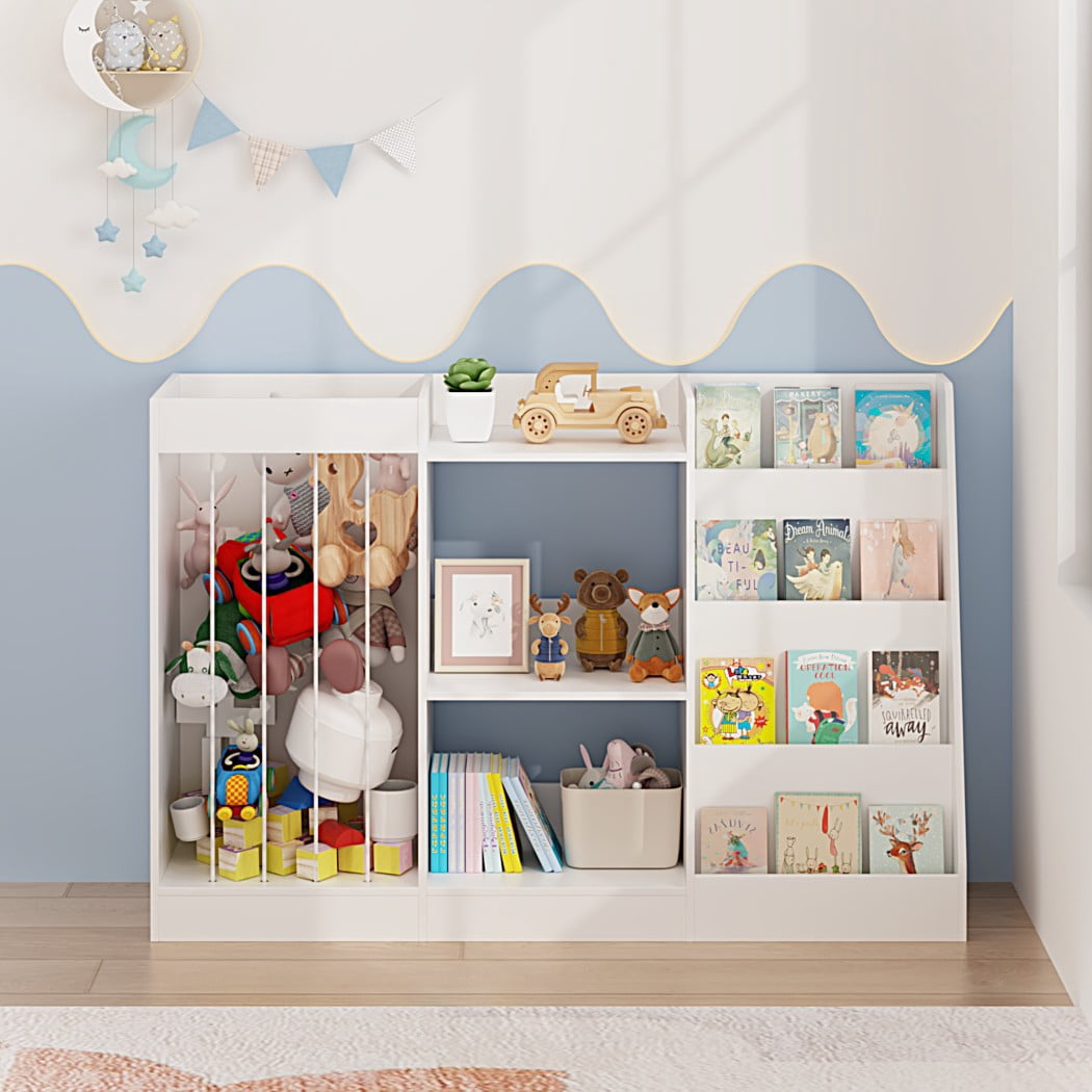 3-in-1 Kids Bookshelf and Toy Storage, 4-Tier Montessori Bookcase with Sling Stuffed Animal Organizer & 3-Tier Toy Shelf for Nursery, Playroom & Kindergarten, White