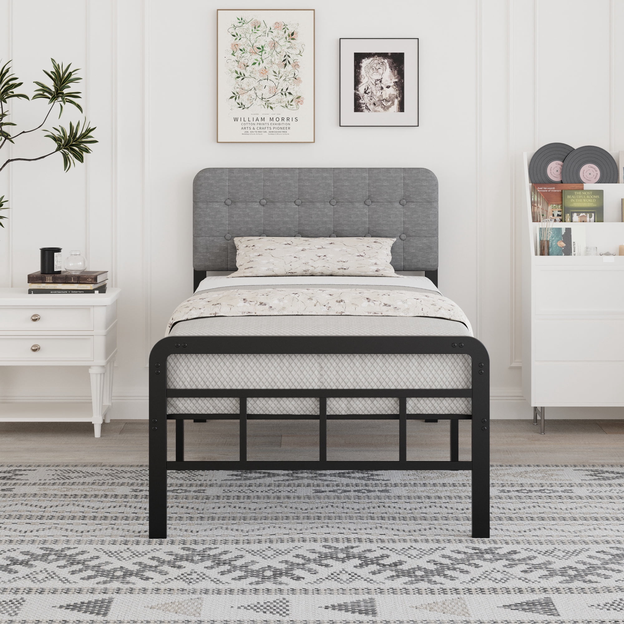 Lutown-Teen 18 inch Twin XL Bed Frames with Upholstered Headboard and Metal Footboard, Heavy Duty XL Twin Metal Bed Frame, No Box Spring Needed, Easy Assembly