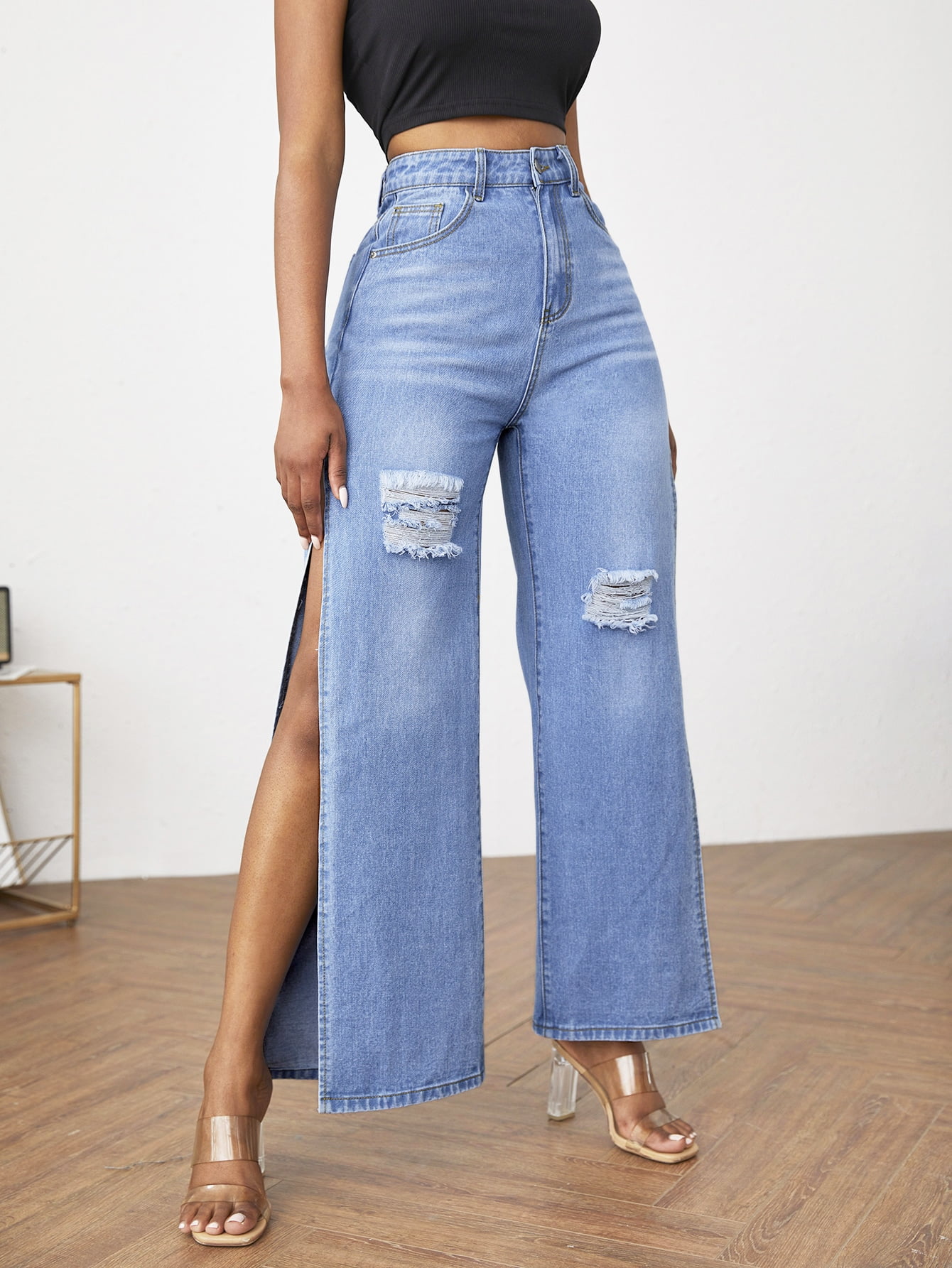 Split Thigh Wide Leg Jeans 