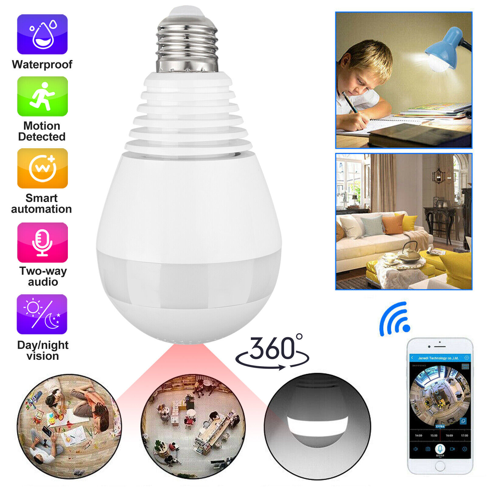 E27 Light Bulb IP Camera Wireless WiFi Security Camcorder Full 1080P