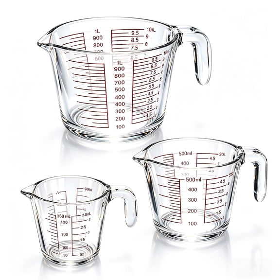 3-Piece Heat Resistant Glass Measuring Cup Set, 1/2/4 Cup, Dishwasher Safe, Clear Graduations