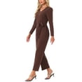thumbnail image 4 of INSPIRE CHIC Women's V Neck Jumpsuit Long Sleeve Tie Waist Wide Leg Long Pants Elegant Knit Jumpsuits M Coffee, 4 of 5