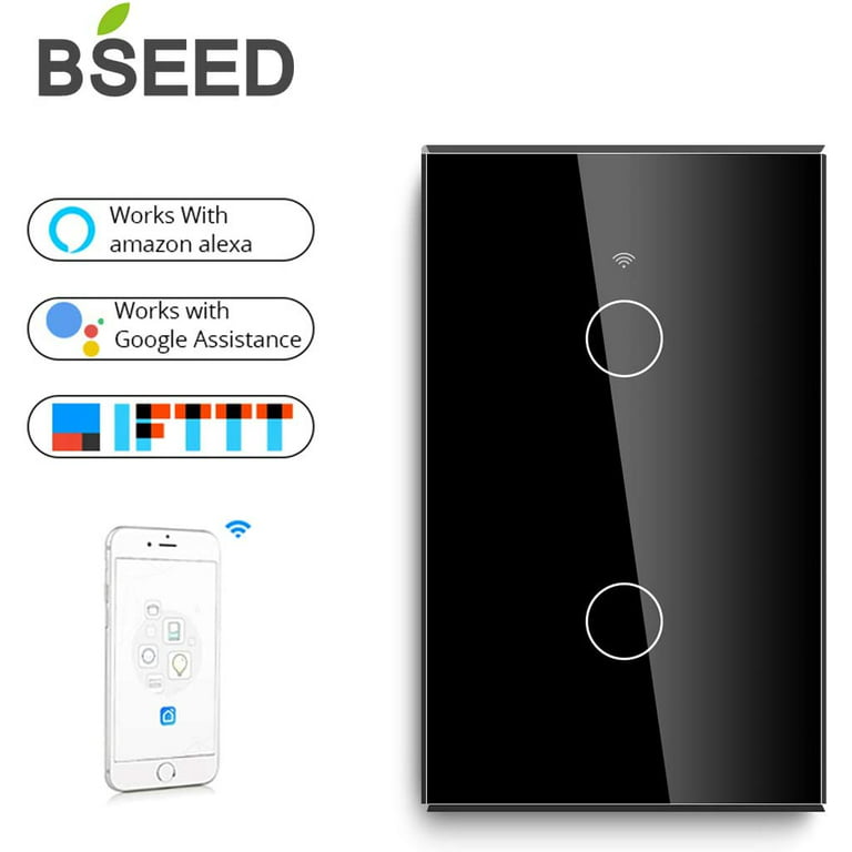 BSEED Smart Touch Switch, 2.4GHz WiFi Light Switch Wall Mount Tempered  Glass Panel Work with Alexa/Google, Neutral Wire Needed, No Hub Required,  118×71mm 2 Gang 1 Way Black 