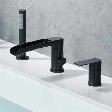 Roman Bathtub Faucet with Sprayer Deck Mount 3-Hole Tub Filler Faucet, Black Waterfall Roman Tub Faucet with Valve Included