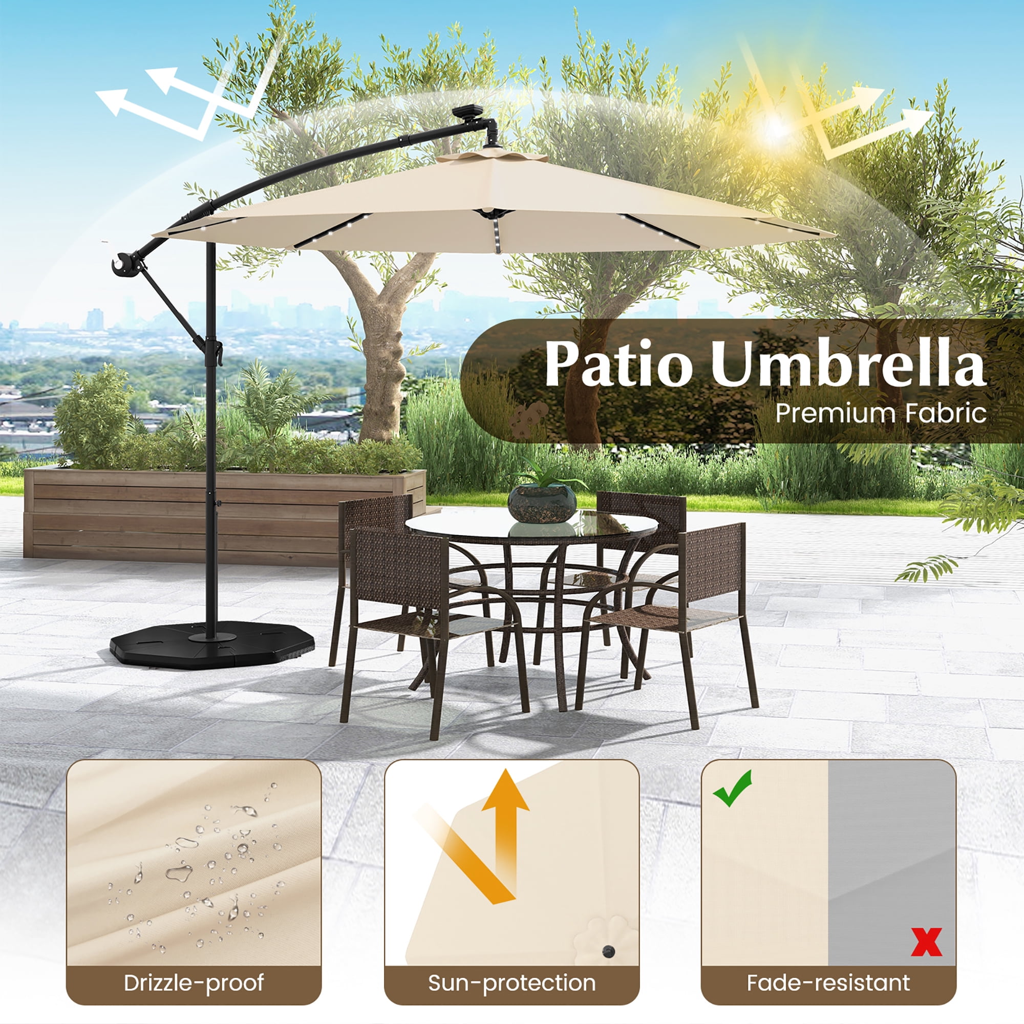 Gymax 10 ft Patio Offset Umbrella w/ Solar Lights Deck Umbrella w/ Easy Tilt Adjustment Beige