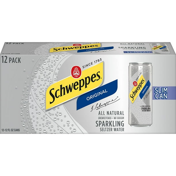 Schweppes Original Sparkling Seltzer Water, 12 fl oz slim cans, 12 pack