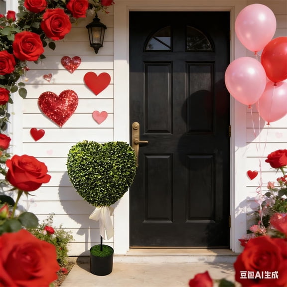 FYHALE Valentine's Day Heart-Shaped Green Plant Pot, Boxwood Heart with Bow Topiary, Artificial Heart Topiary, Valentine's Day Romantic Home Patio Decor, 32 inch