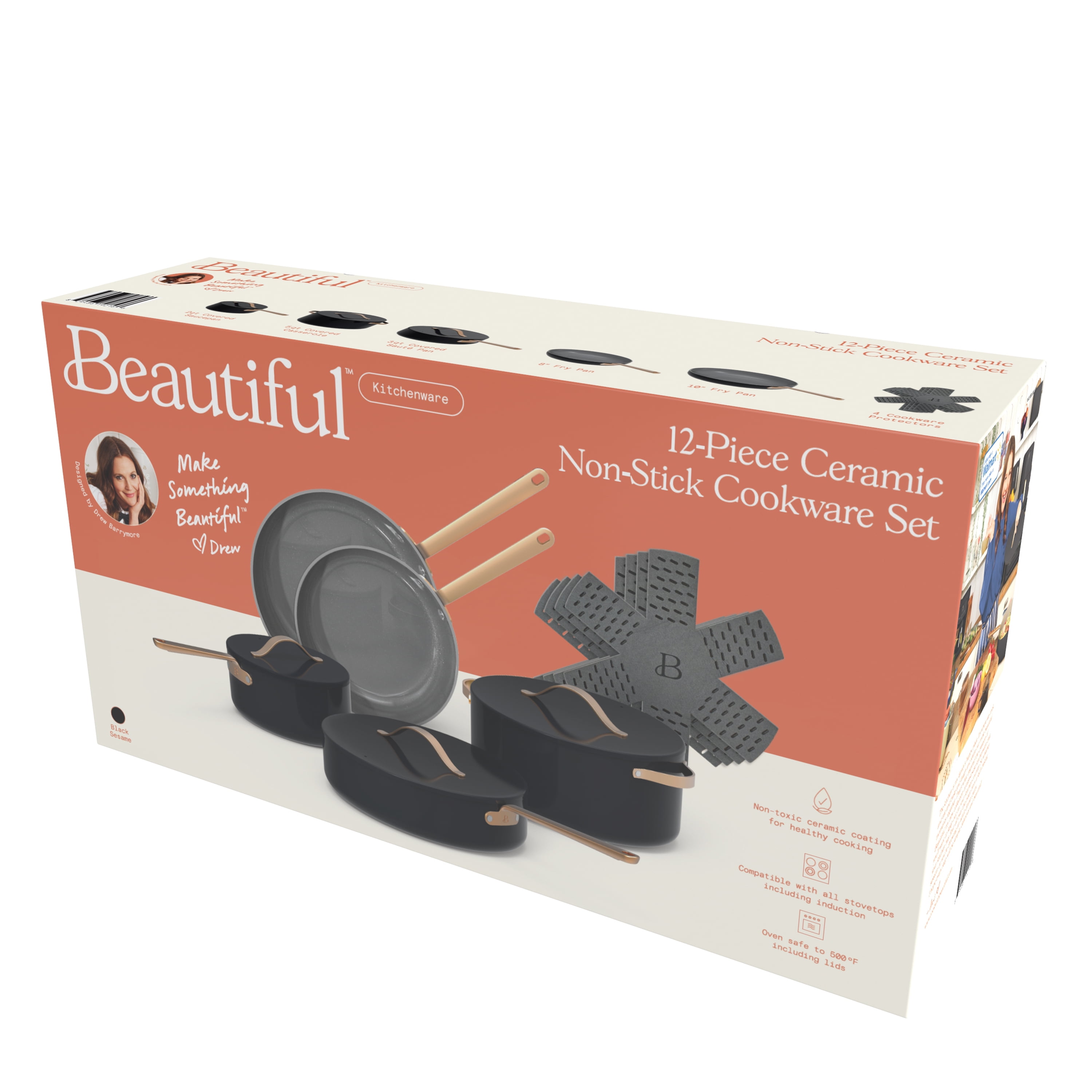 Beautiful 20pc Ceramic Non-Stick Cookware Set, Black Sesame by Drew  Barrymore 