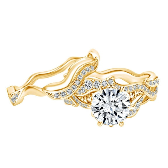 AFFY 1.43 Carat(Cttw) Round Moissanite & Natural Diamond Wedding Ring With Matching Band 14K Solid Yellow Gold Ring Size-5