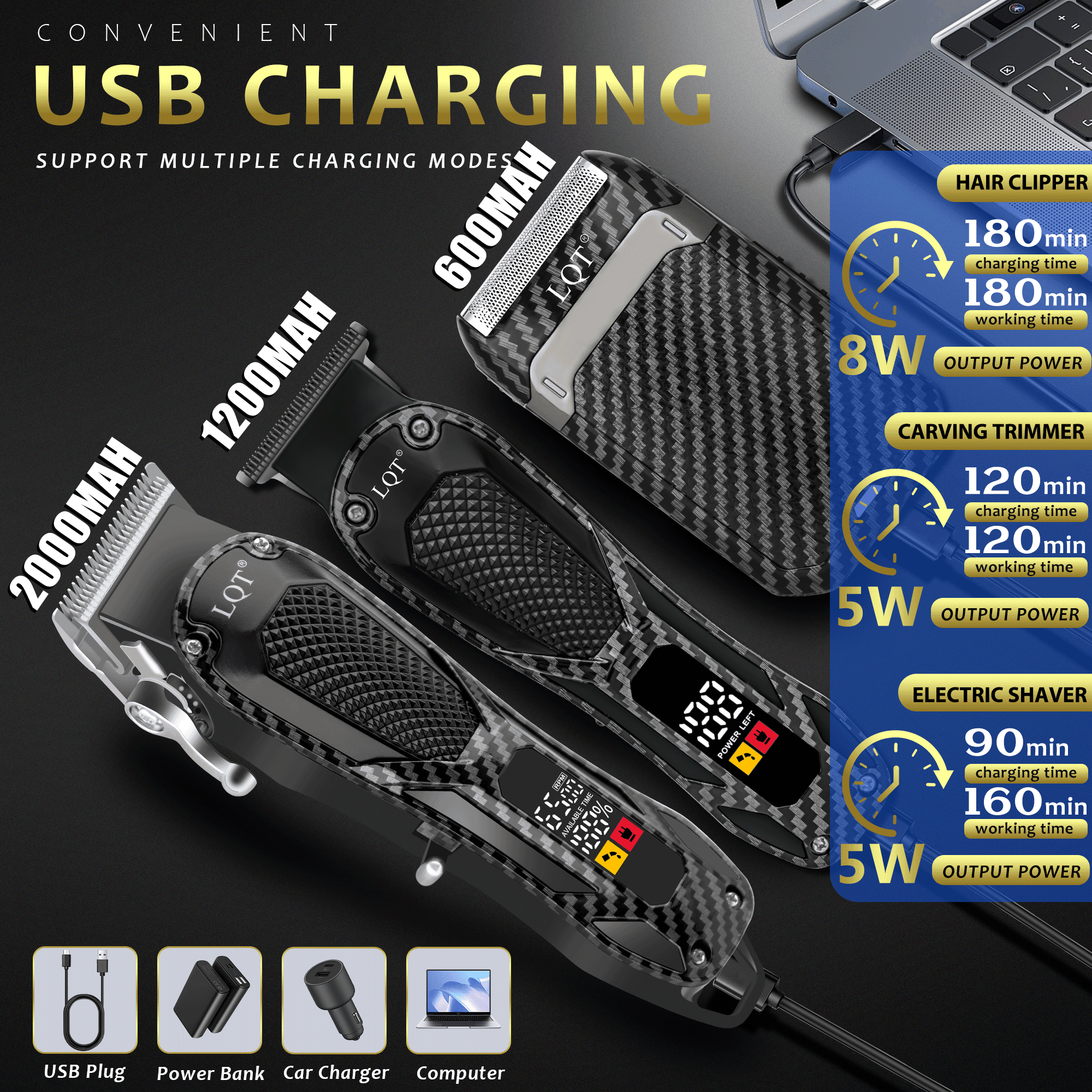LQT  Professional Hair Clipper Kit for Men，Hair Clipper，Hair Trimmer & Beard Electric Razor Kit，sufficient battery life，Cordless Motor, LED clearly displays working status,Adjustable Fade