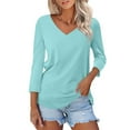 thumbnail image 3 of Womens V Neck 3/4 Sleeve Tee Color Block And Solid Versions Basic Summer Casual Top, 3 of 8