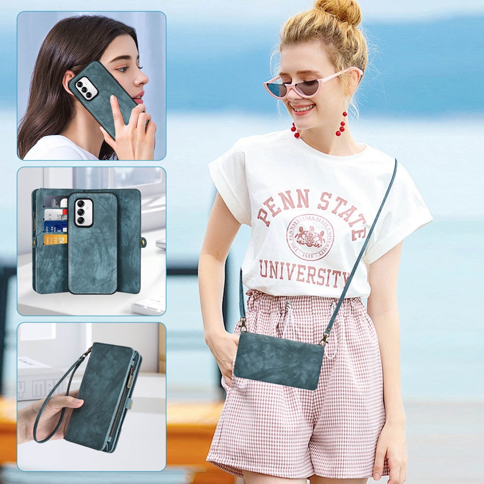 Asuwish Compatible with Samsung Galaxy A14/M14 5G Phone Case Zipper Wallet Detachable Tempered Glass Screen Protector Crossbody Strap Flip Card Holder Cell Cover for A 14 4G 14A 14M G5 Women Men Blue