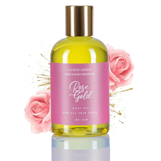 Rose Gold Body Oil for Radiant Skin, Shiny Hair & Strong Nails, Lightweight, 4 fl oz by LatherGreen