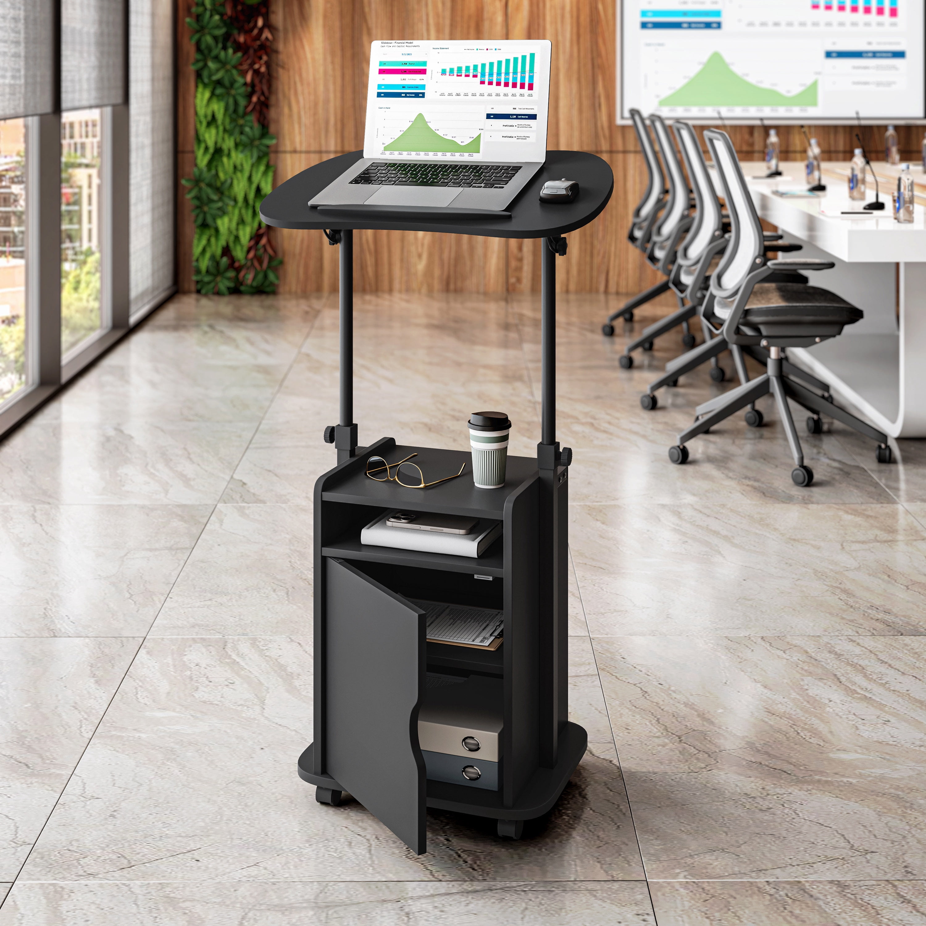 Sit-to-Stand Rolling Adjustable Laptop Cart with Storage Cabinet & Open Shelf, Lockable Wheels Ergonomic Mobile Standing Desk Podium for Home Office Classroom Bedside