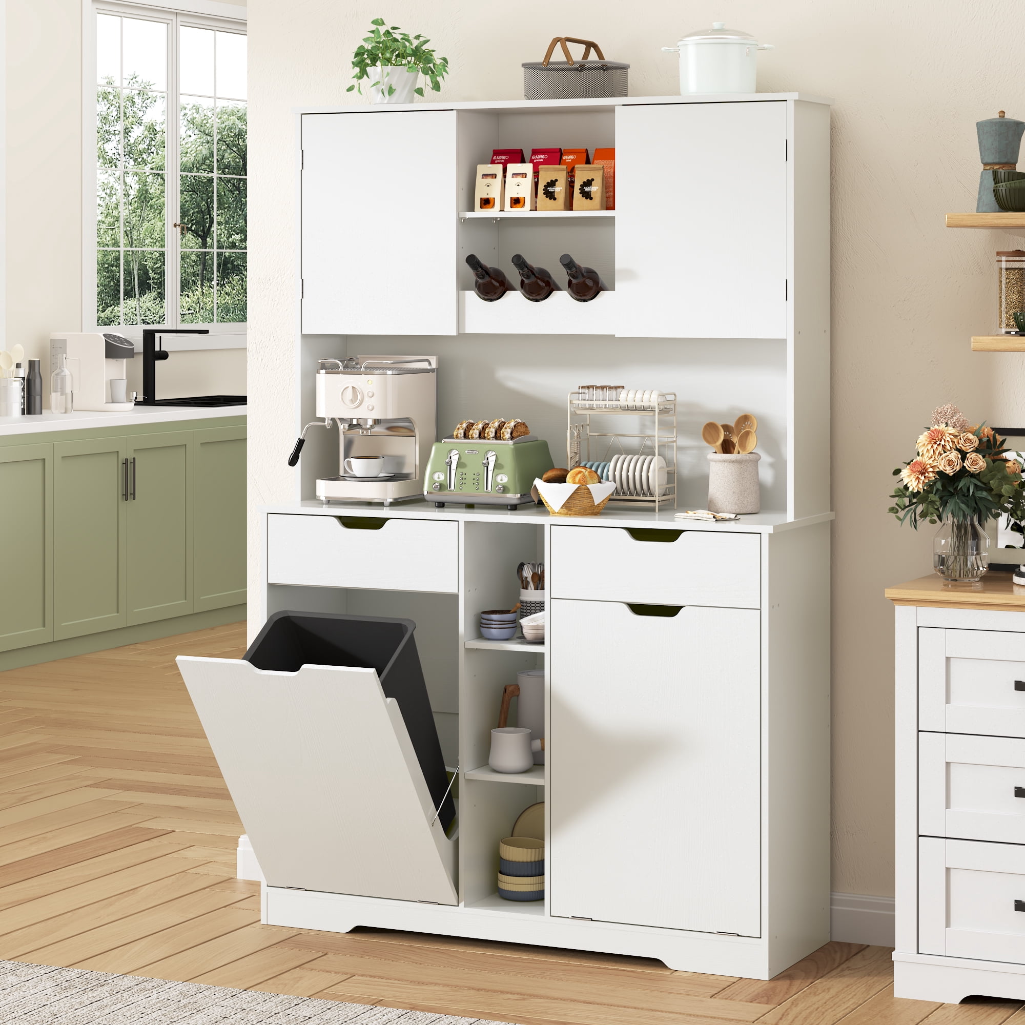 Blotout 71" Tall 46"Wide Kitchen Pantry Cabinet with Charging Station & Microwave Shelf, Farmhouse Kitchen Double Tilt Out Trash Cabinet 10X2 Gallon Garbage Holder with 2 Drawers Storage
