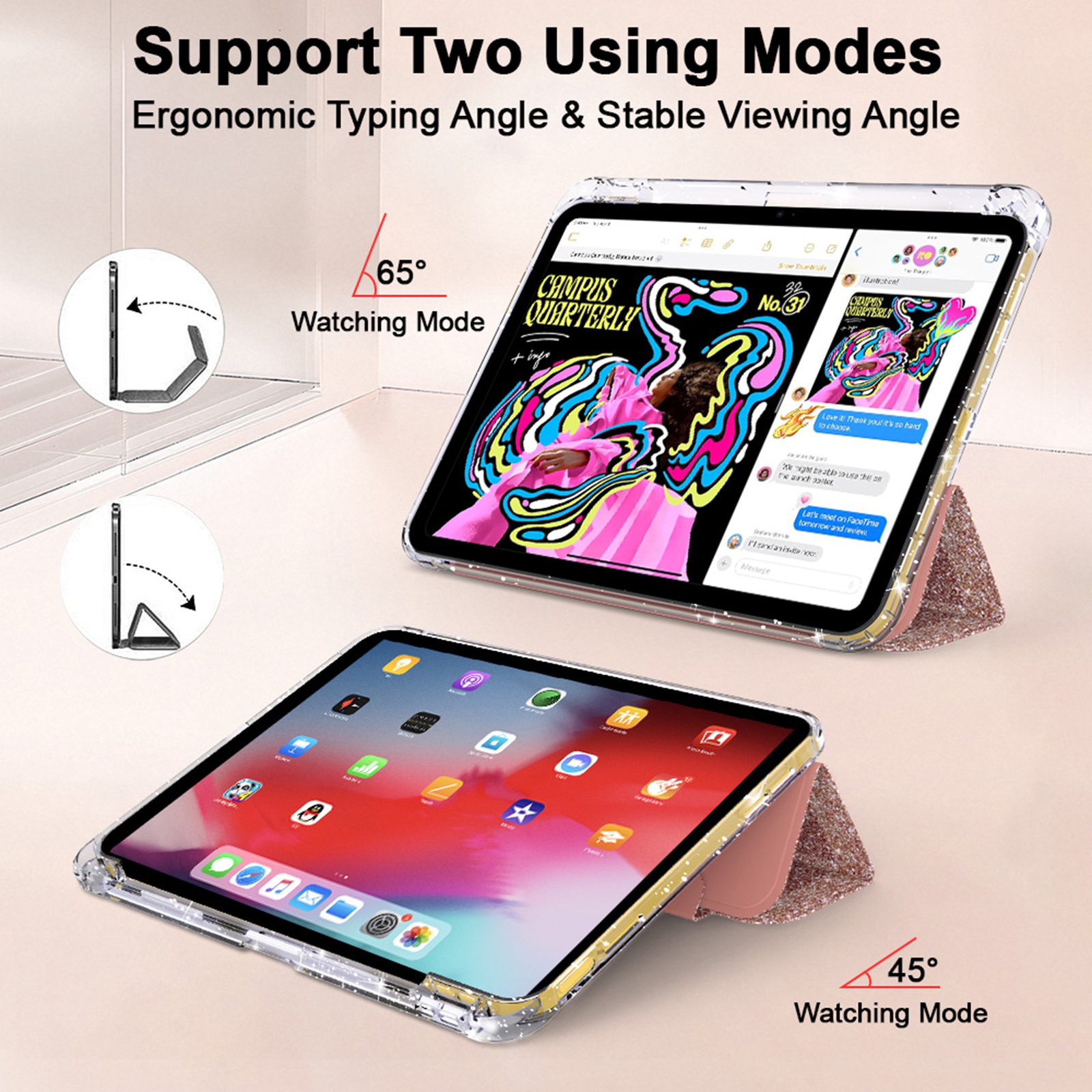 ELEHOLD Glitter Case for  iPad 9th/8th/7th Generation with Pencil Holder,  Auto Sleep/Wake Magnetic Stand Cover, Sparkly Clear Back Shell with Tri-Fold Stand , Rosegold